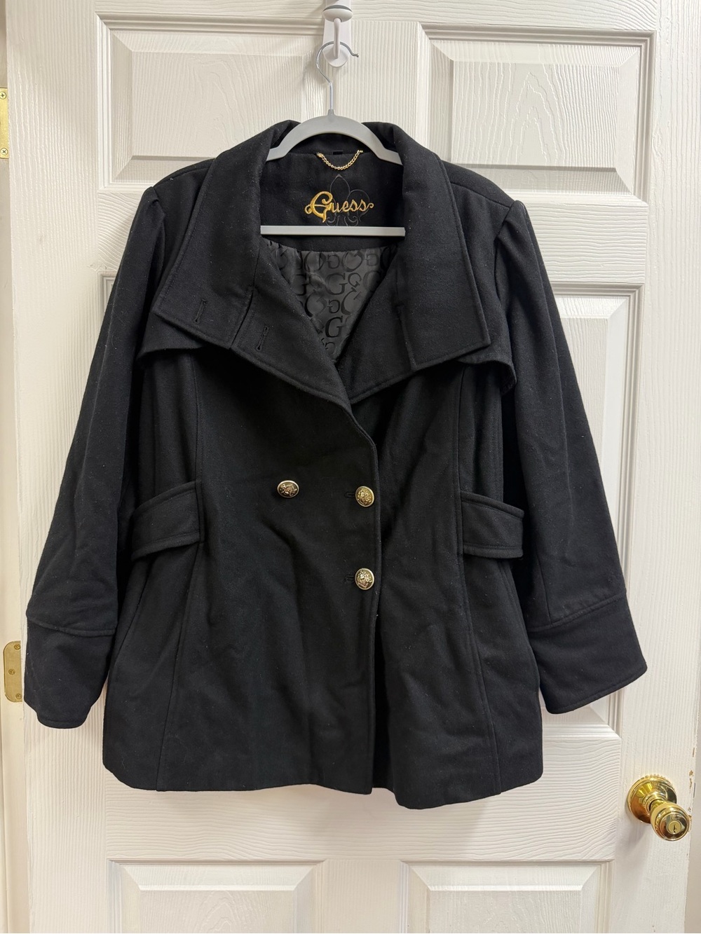 Guess Black Double-Breasted Peacoat with Gold Buttons